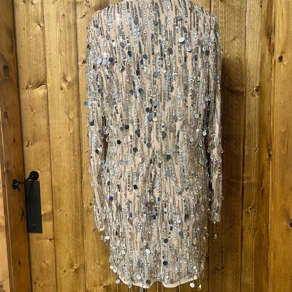 NWT Mac Duggal Nude Plunge Crystal Fringe Special Occasion Dress - Picture 7 of 12